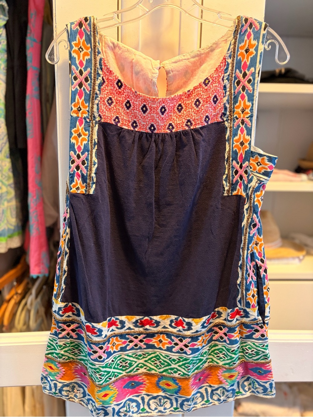 Anthropologie Navy Blue Mini Dress Tunic with Multicolor Embroidered BeadeTrim